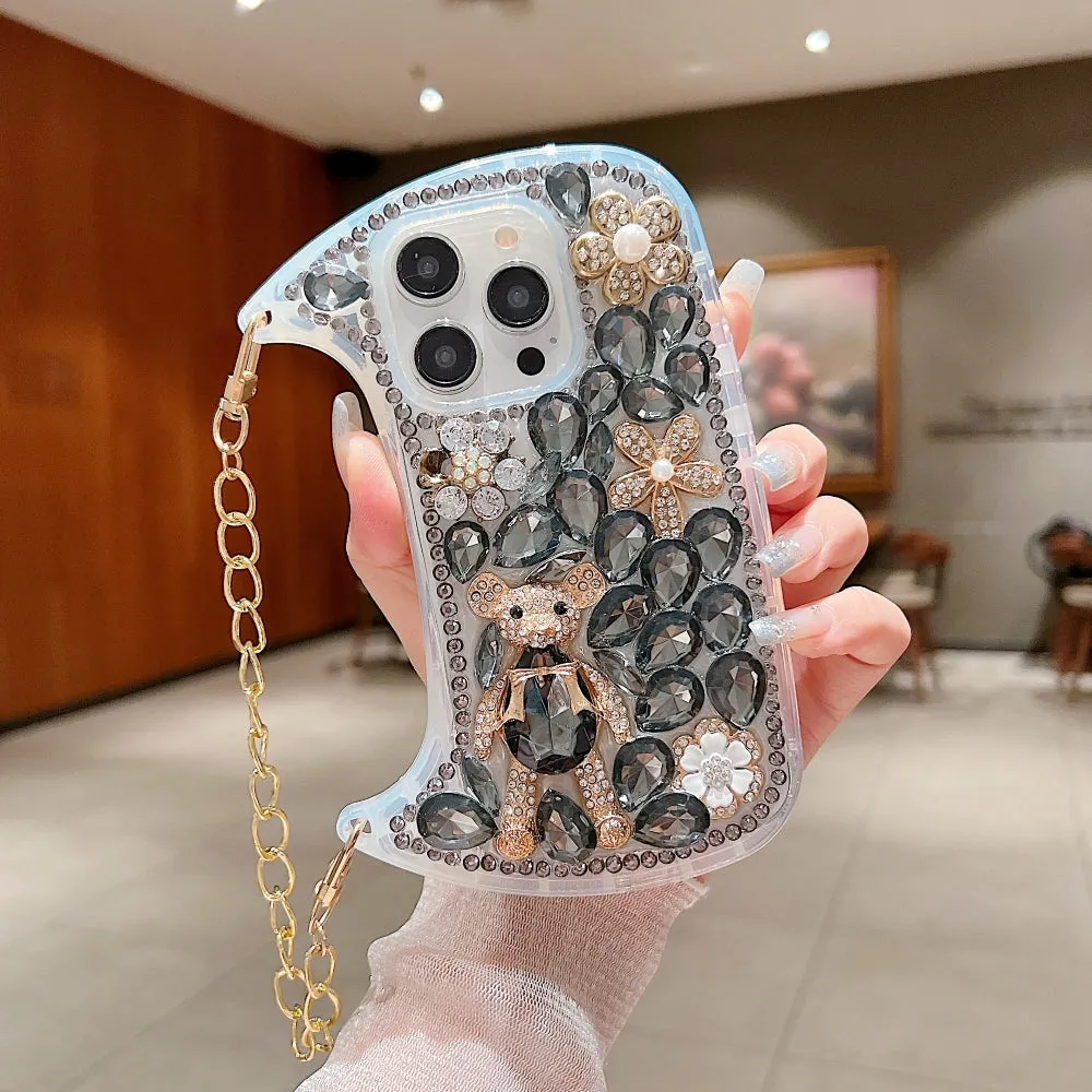 Colorful Diamond Phone Case With Metal Chain Strap - iPhone 15
