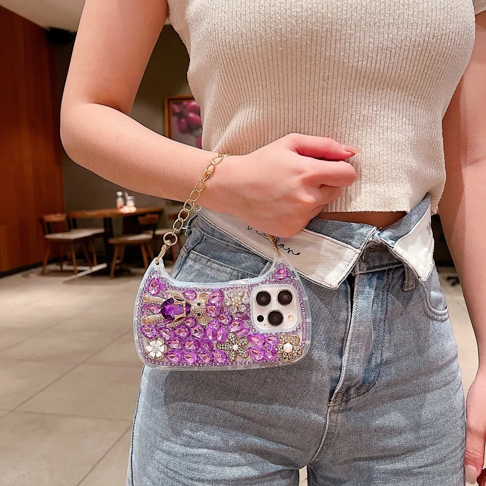 Colorful Diamond Phone Case With Metal Chain Strap - iPhone 15