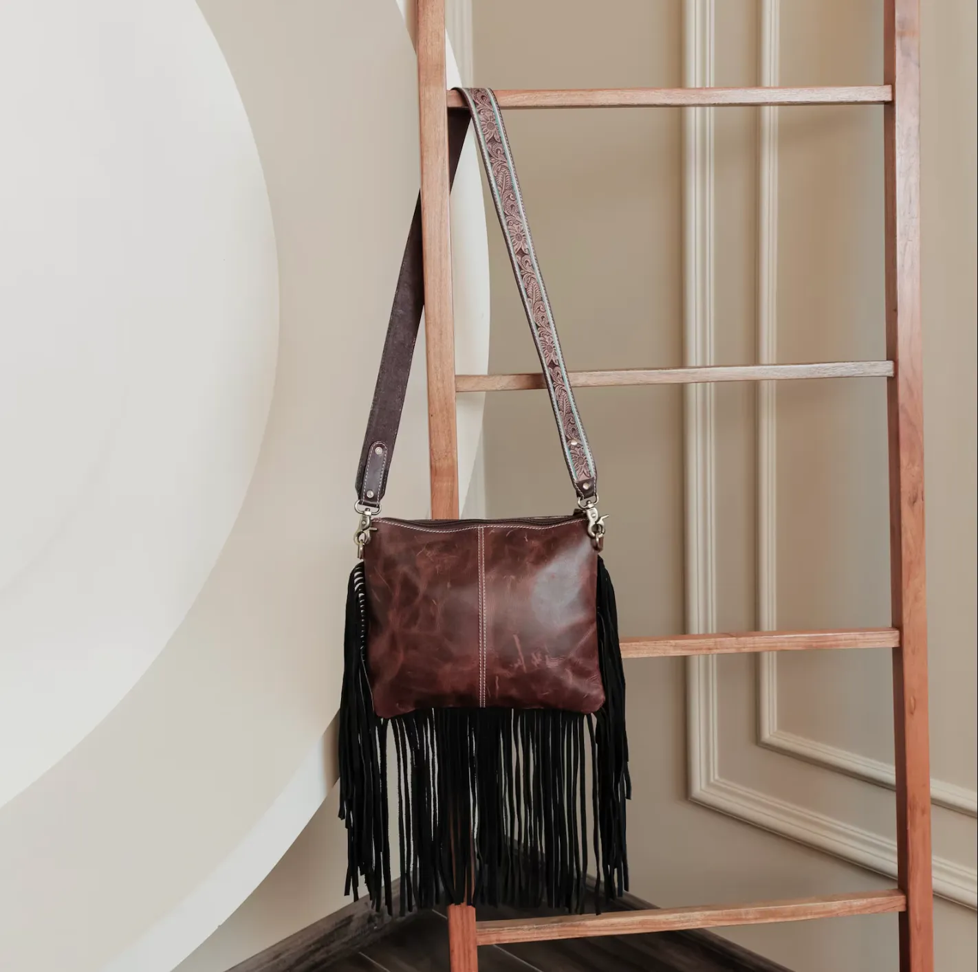 Cowhide Tooled Bag Crossbody Fringe