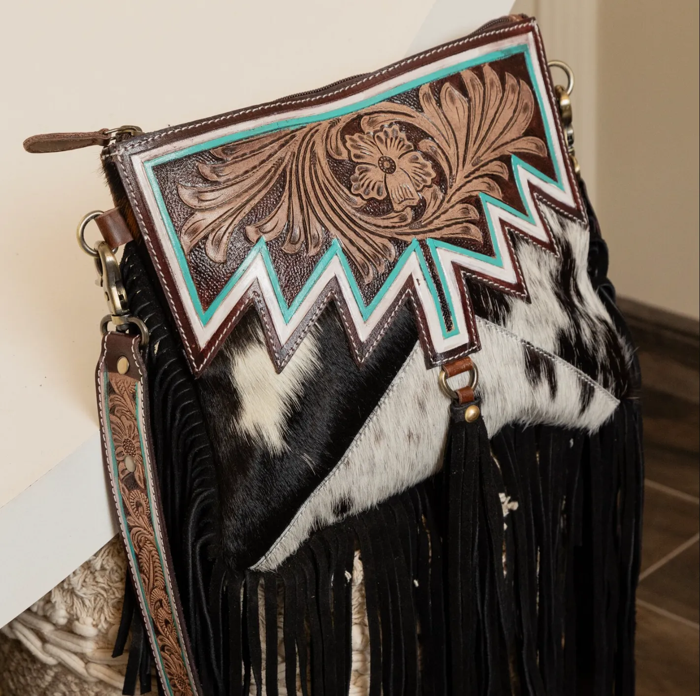 Cowhide Tooled Bag Crossbody Fringe