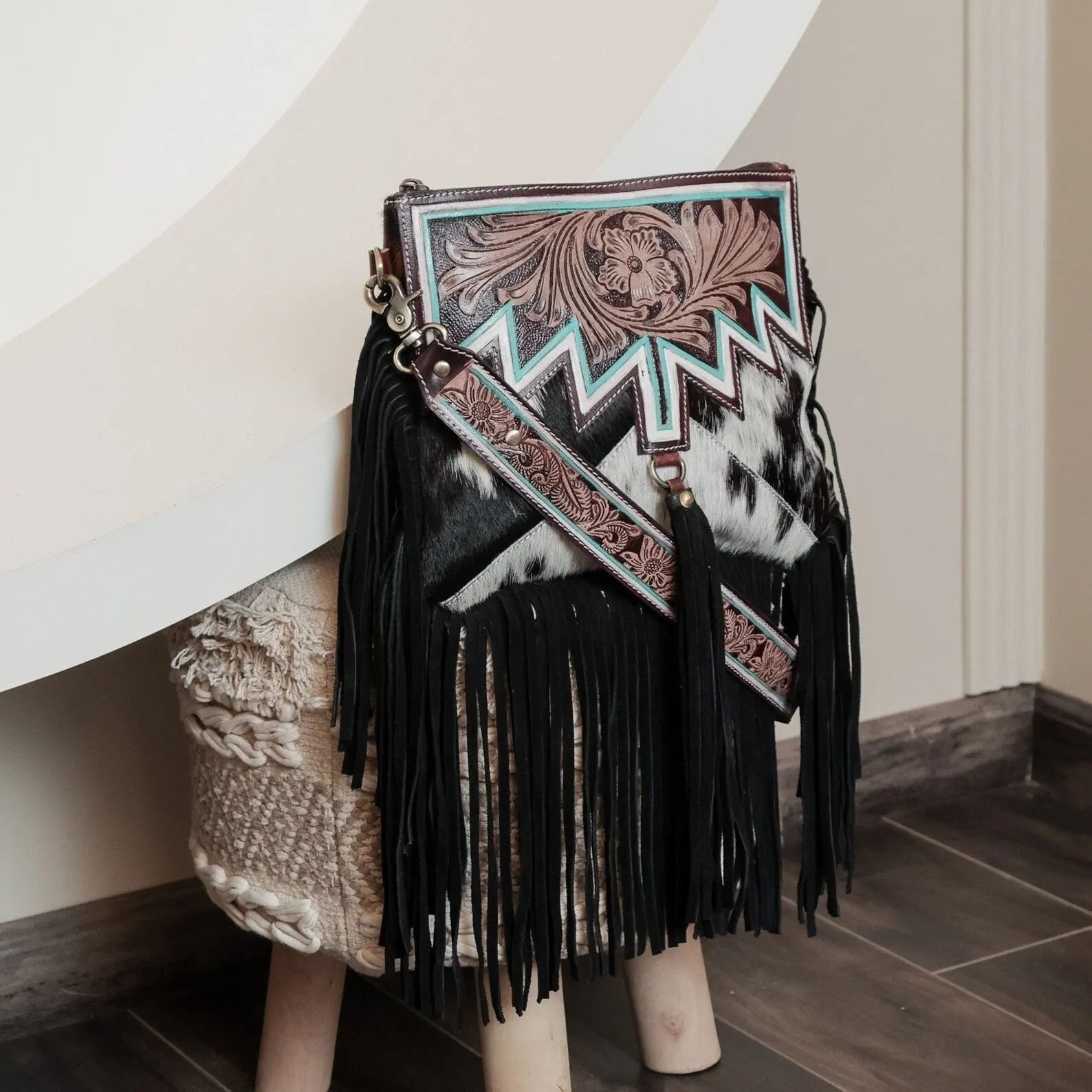 Cowhide Tooled Bag Crossbody Fringe