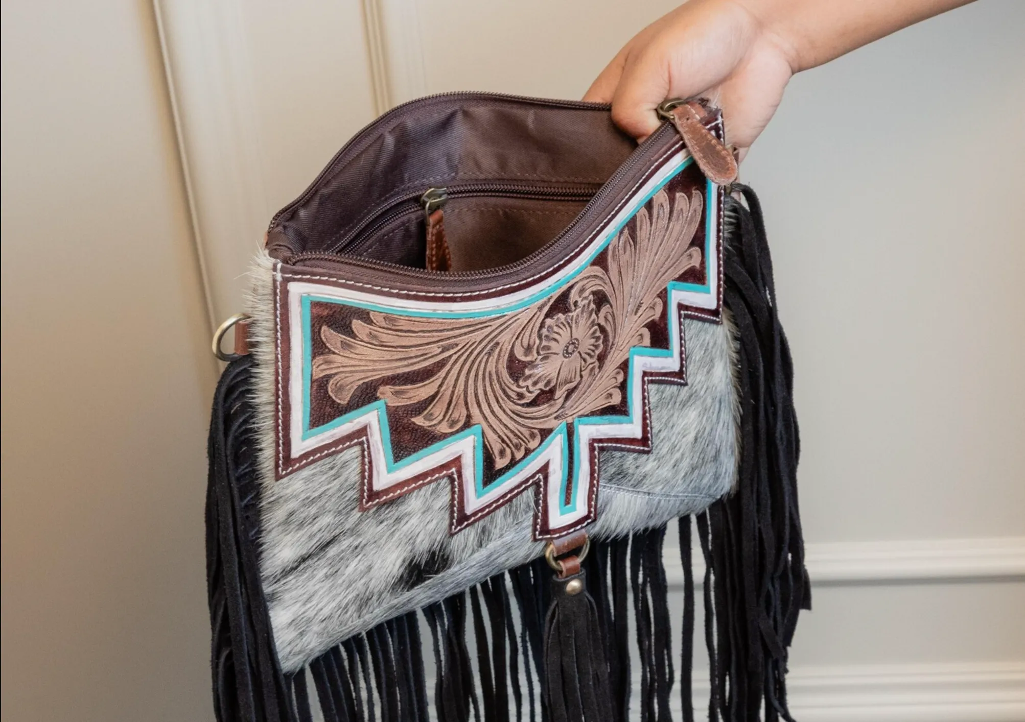 Cowhide Tooled Bag Crossbody Fringe