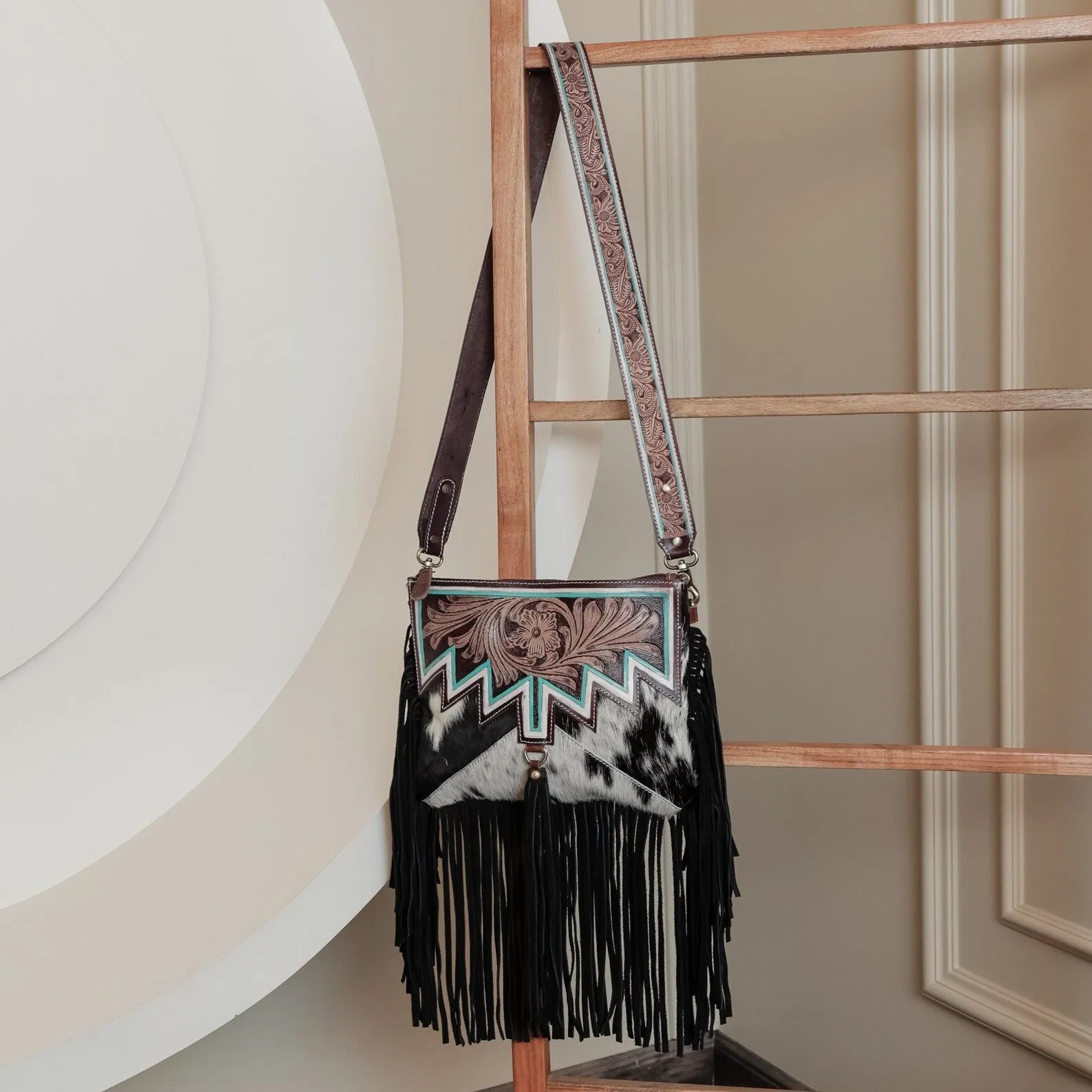 Cowhide Tooled Bag Crossbody Fringe