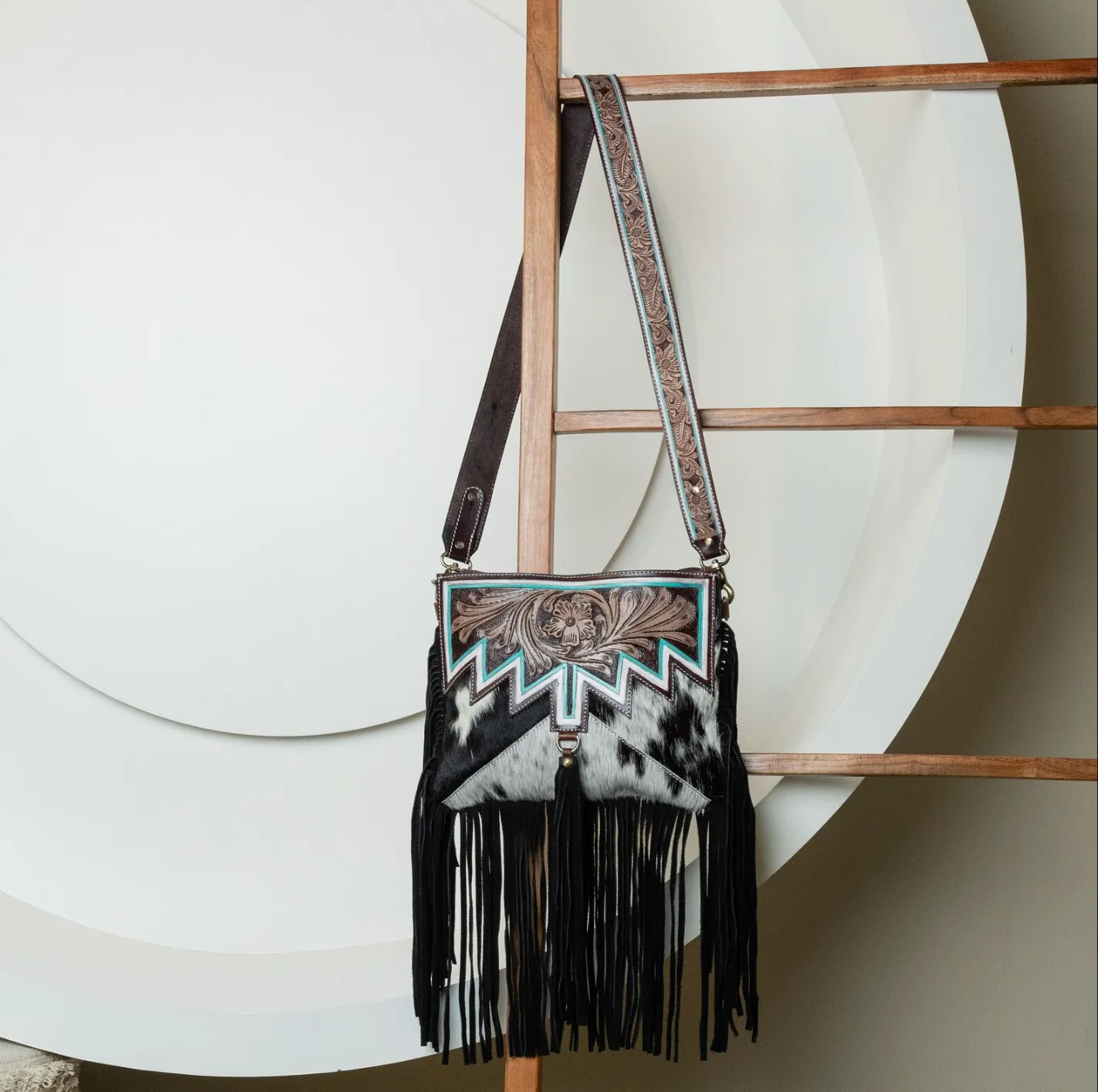 Cowhide Tooled Bag Crossbody Fringe
