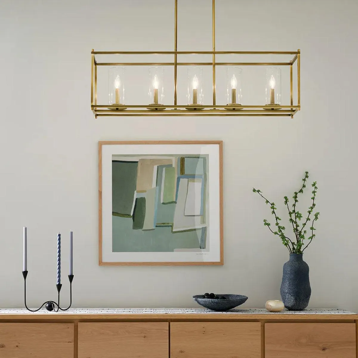 Crosby 42" 5-Light Linear Chandelier with Clear Glass, Natural Brass Finish