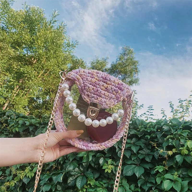 Cute Round Pink(Flap) Crochet Crossbody Purse PMMA Crochet Shoulder Round Handbag for Girl Circle Crochet Crossbody Purses