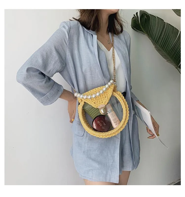 Cute Round Pink(Flap) Crochet Crossbody Purse PMMA Crochet Shoulder Round Handbag for Girl Circle Crochet Crossbody Purses