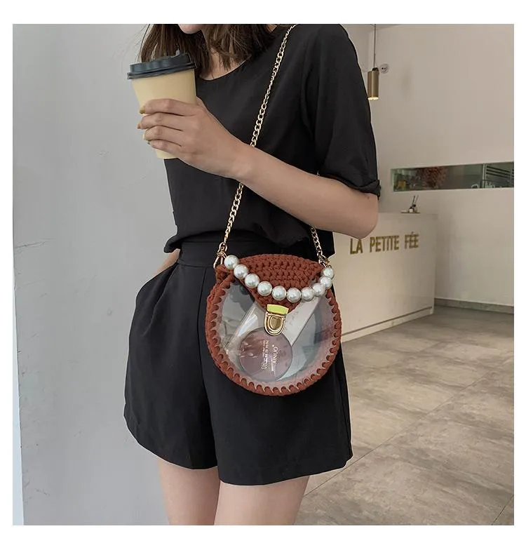 Cute Round Pink(Flap) Crochet Crossbody Purse PMMA Crochet Shoulder Round Handbag for Girl Circle Crochet Crossbody Purses