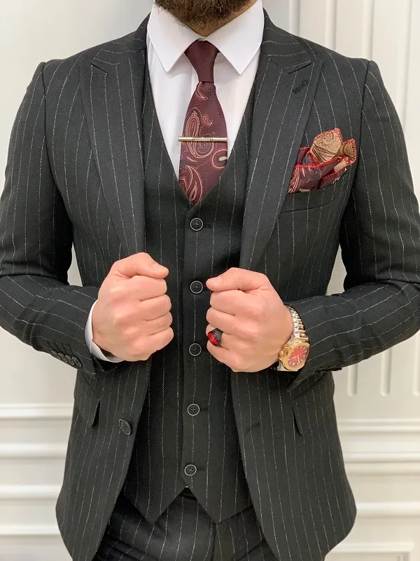 Dark Gray Slim Fit Peak Lapel Pinstripe Suit for Men by GentWith.com
