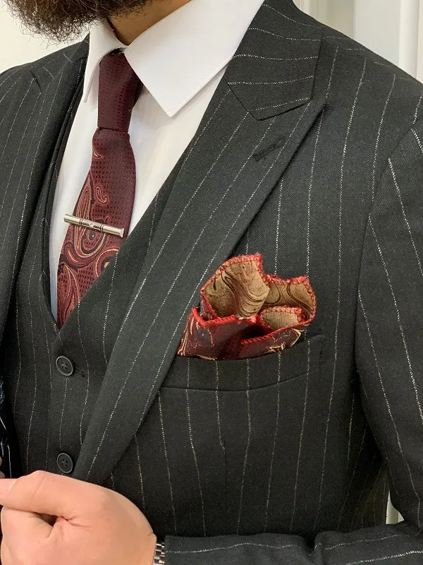 Dark Gray Slim Fit Peak Lapel Pinstripe Suit for Men by GentWith.com