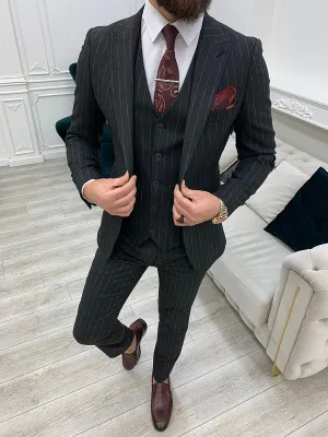Dark Gray Slim Fit Peak Lapel Pinstripe Suit for Men by GentWith.com