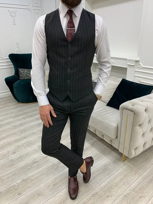 Dark Gray Slim Fit Peak Lapel Pinstripe Suit for Men by GentWith.com