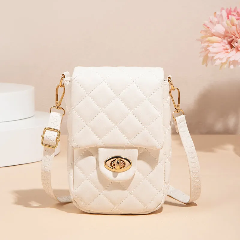 Diamond Check Embroidered PU Leather Crossbody Phone Bag For Women