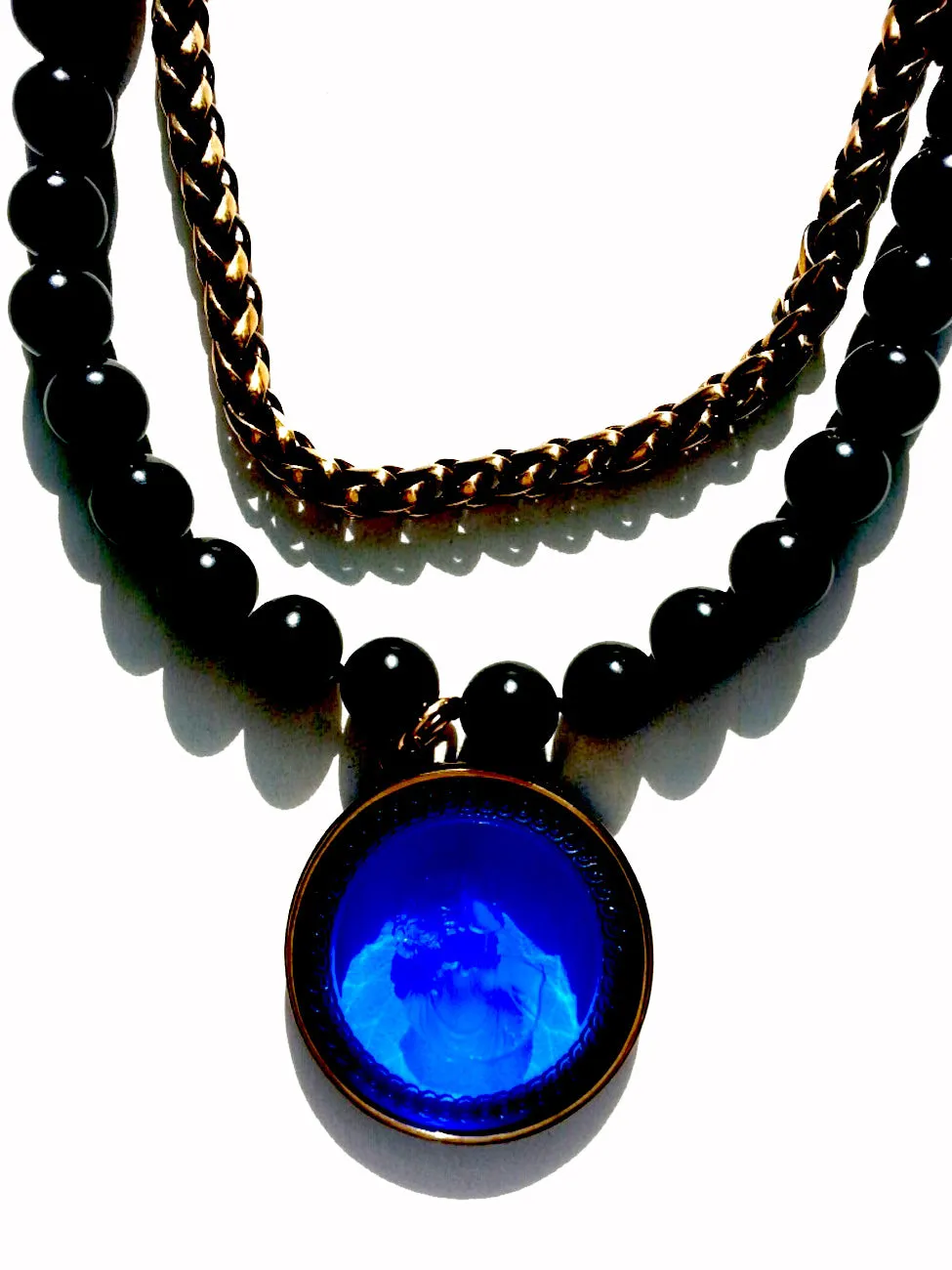 Double Necklace Intaglio Jet Beads Mesh Rope Chain