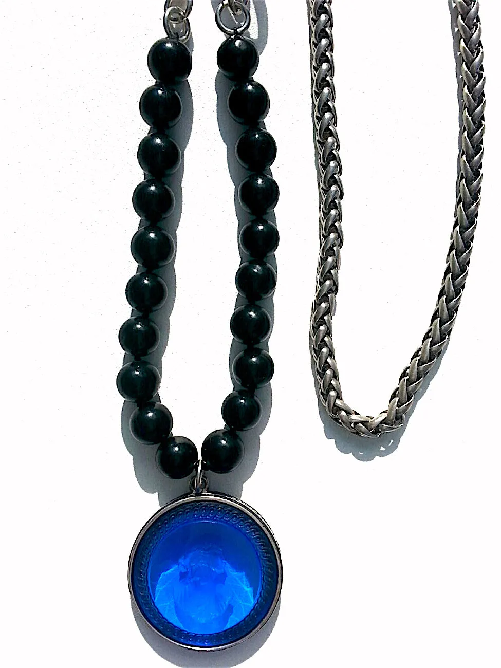 Double Necklace Intaglio Jet Beads Mesh Rope Chain