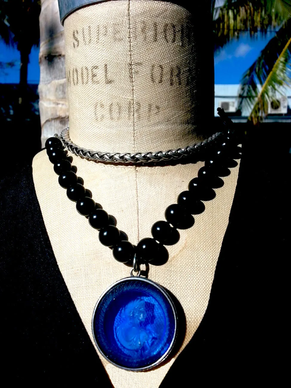 Double Necklace Intaglio Jet Beads Mesh Rope Chain