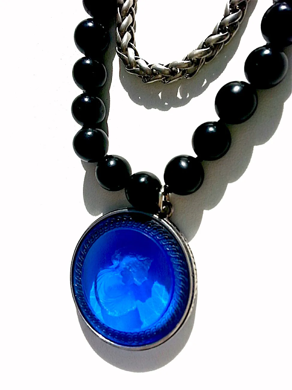 Double Necklace Intaglio Jet Beads Mesh Rope Chain