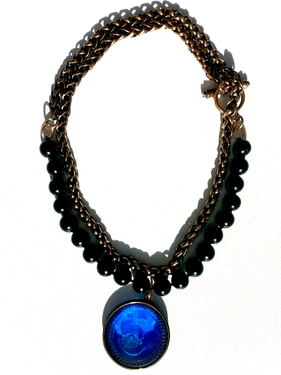 Double Necklace Intaglio Jet Beads Mesh Rope Chain