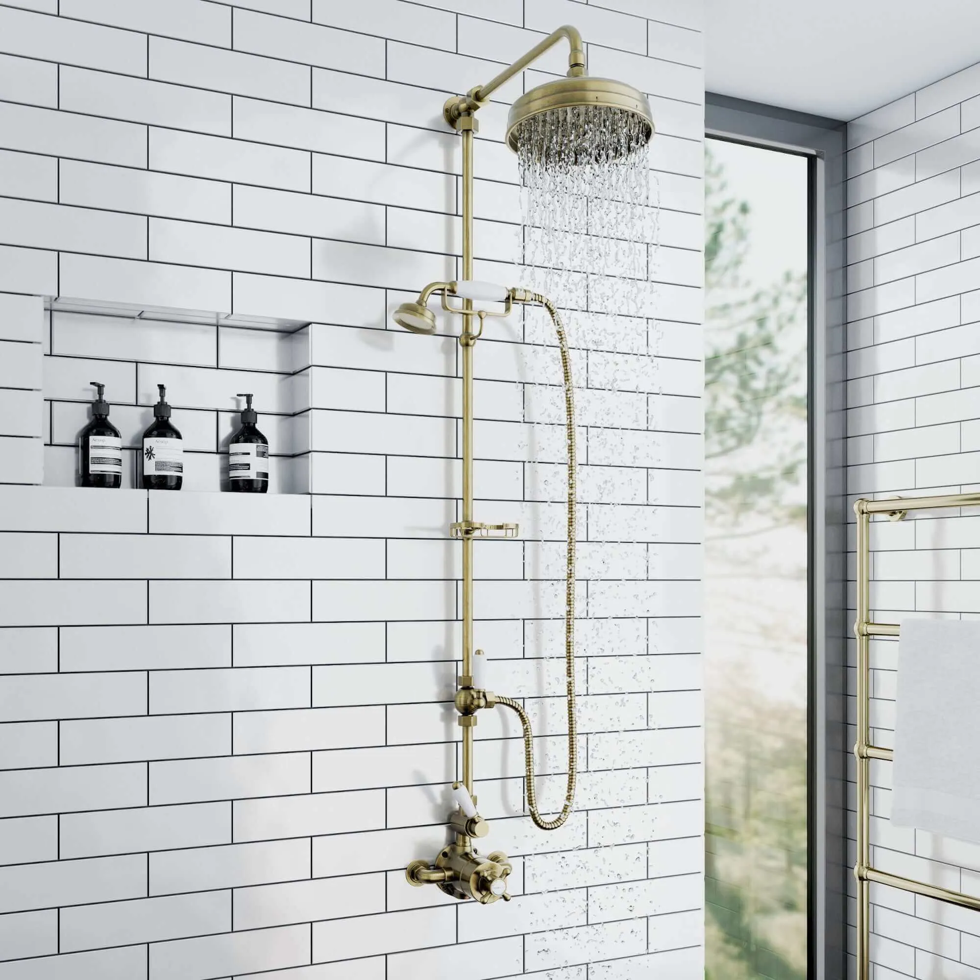 Downton traditional shower diverter with 18mm diameter extension pipe - antique brass