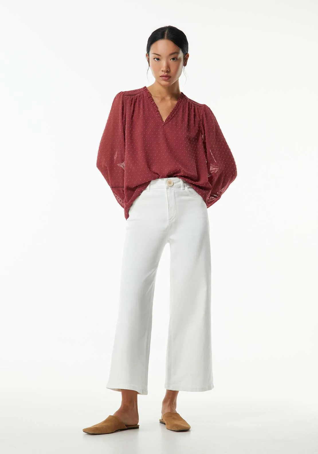 Elastic details plumetis blouse - Currant