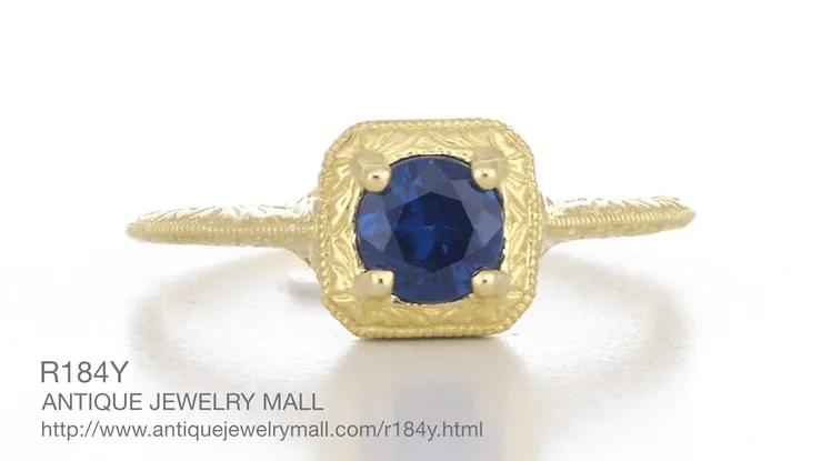 Filigree Scrolls Engraved Sapphire Engagement Ring in 14 Karat Yellow Gold