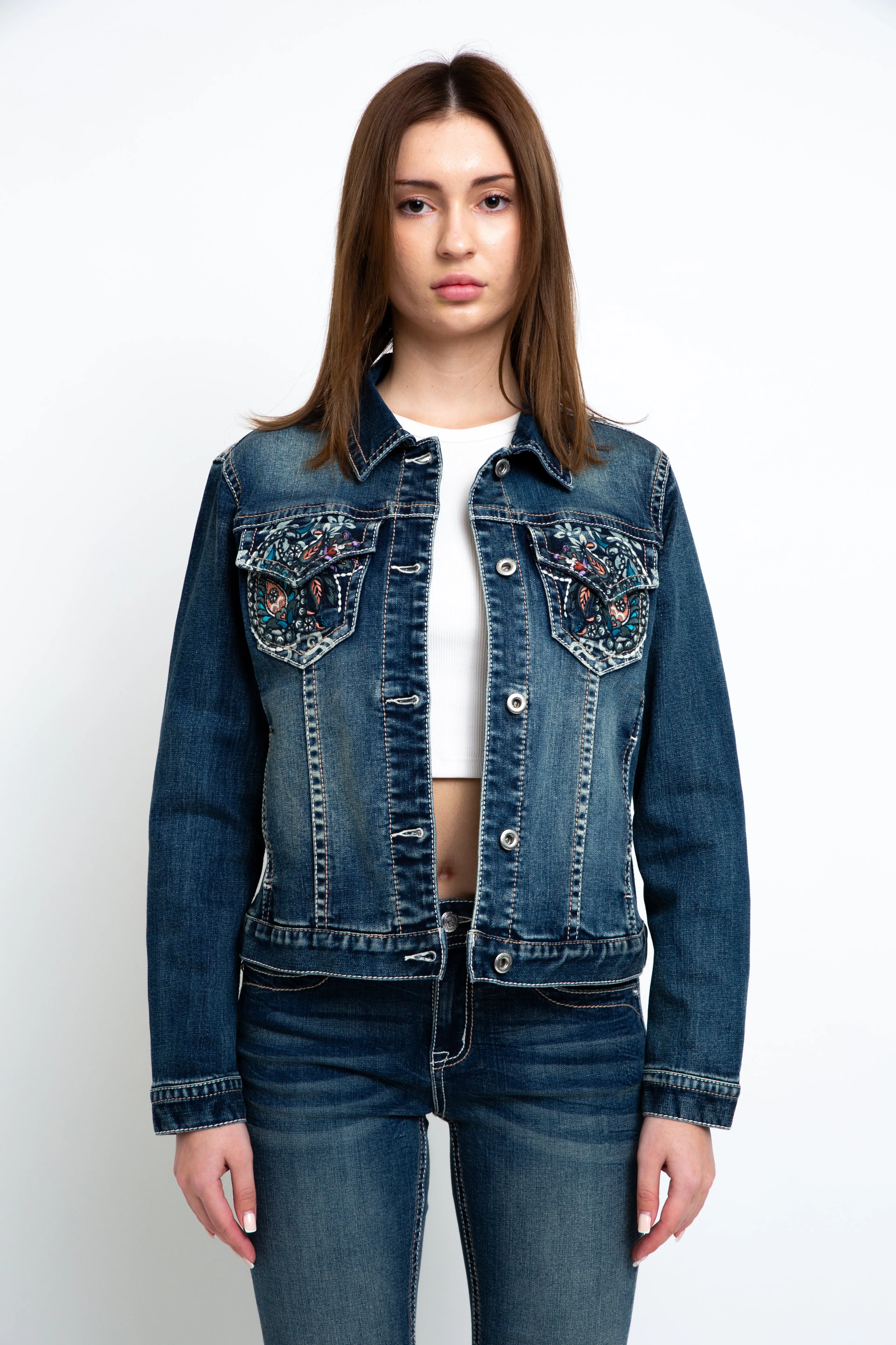 Floral Embroidered Hem Details Denim Jacket