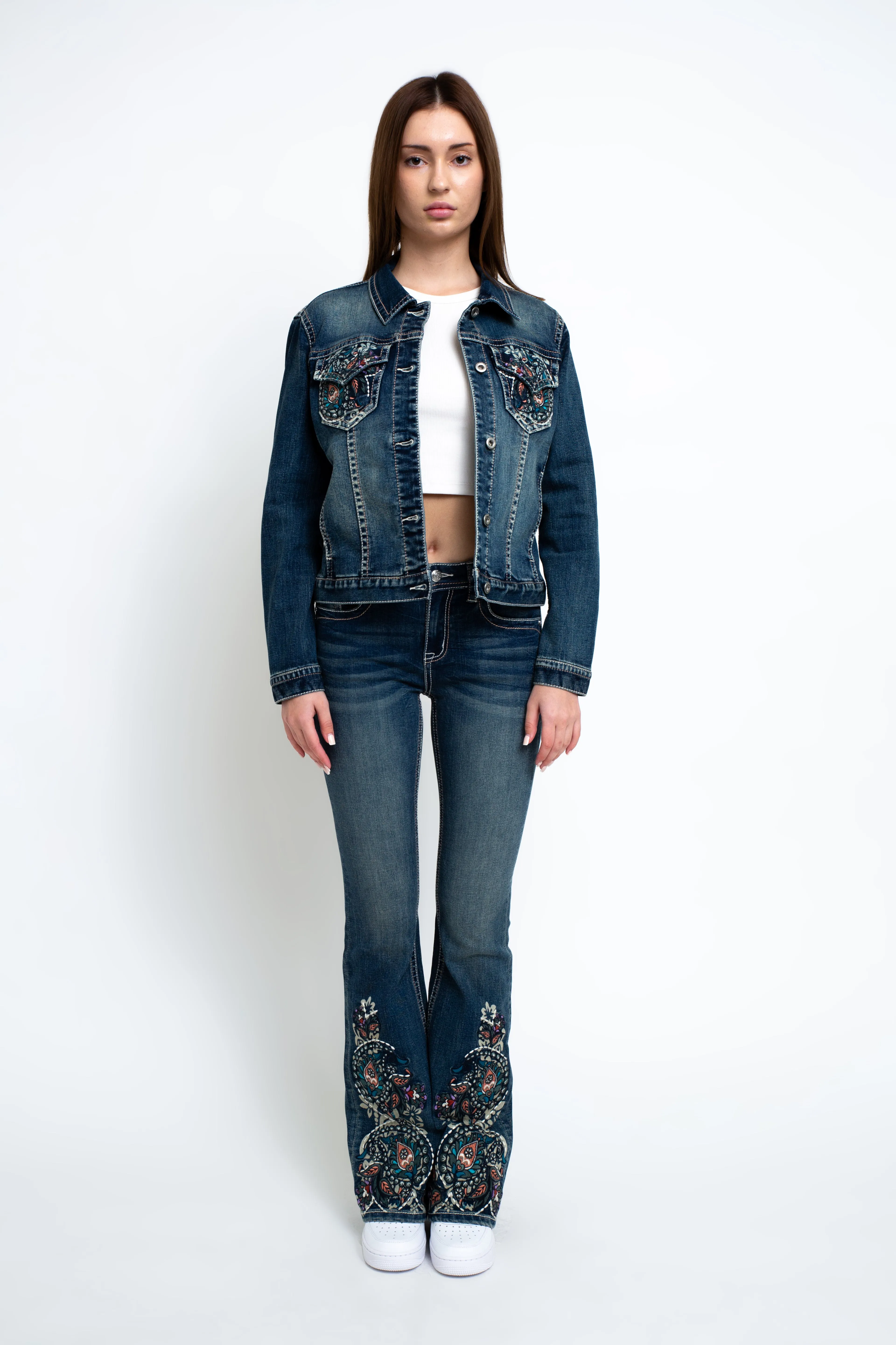Floral Embroidered Hem Details Denim Jacket