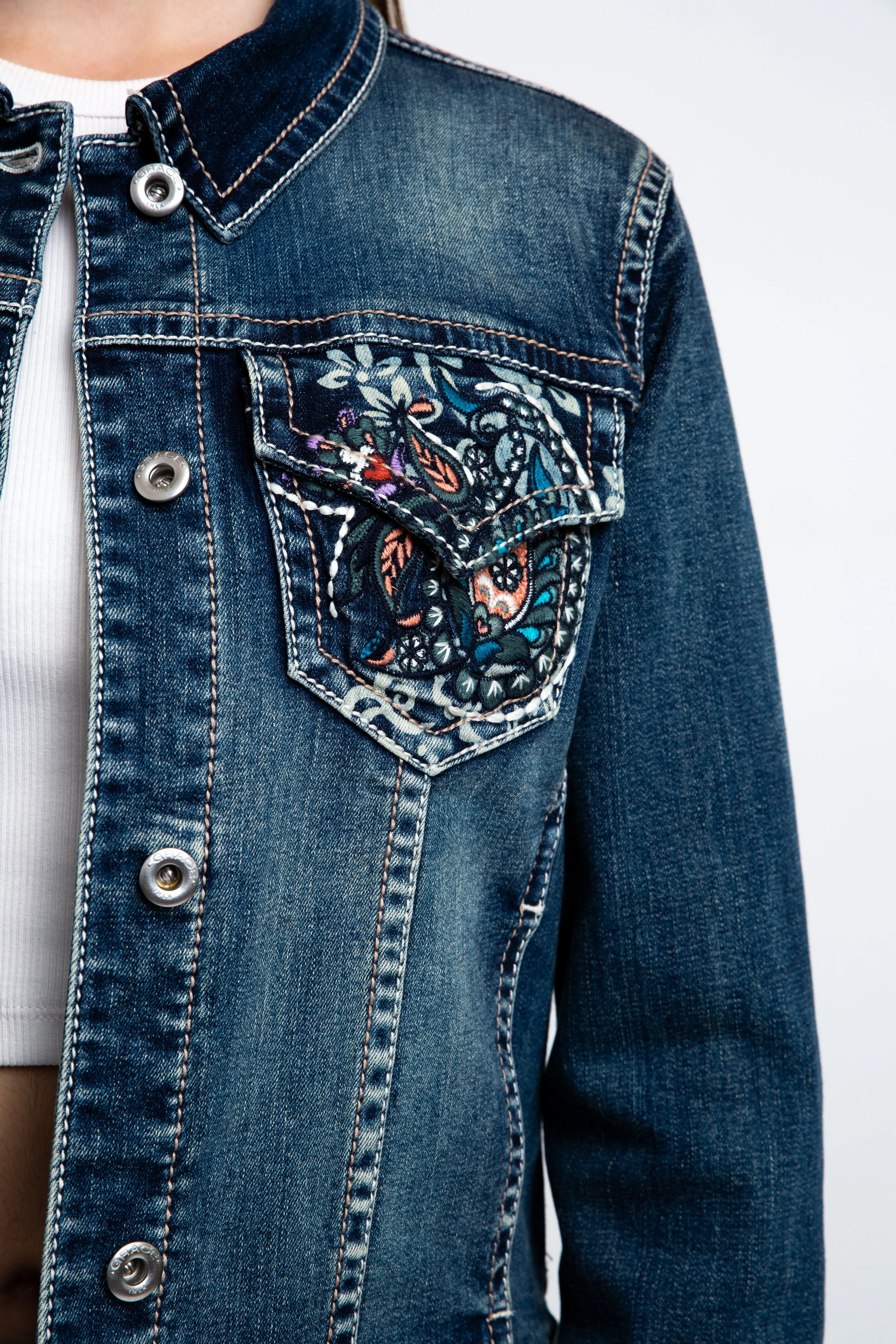 Floral Embroidered Hem Details Denim Jacket
