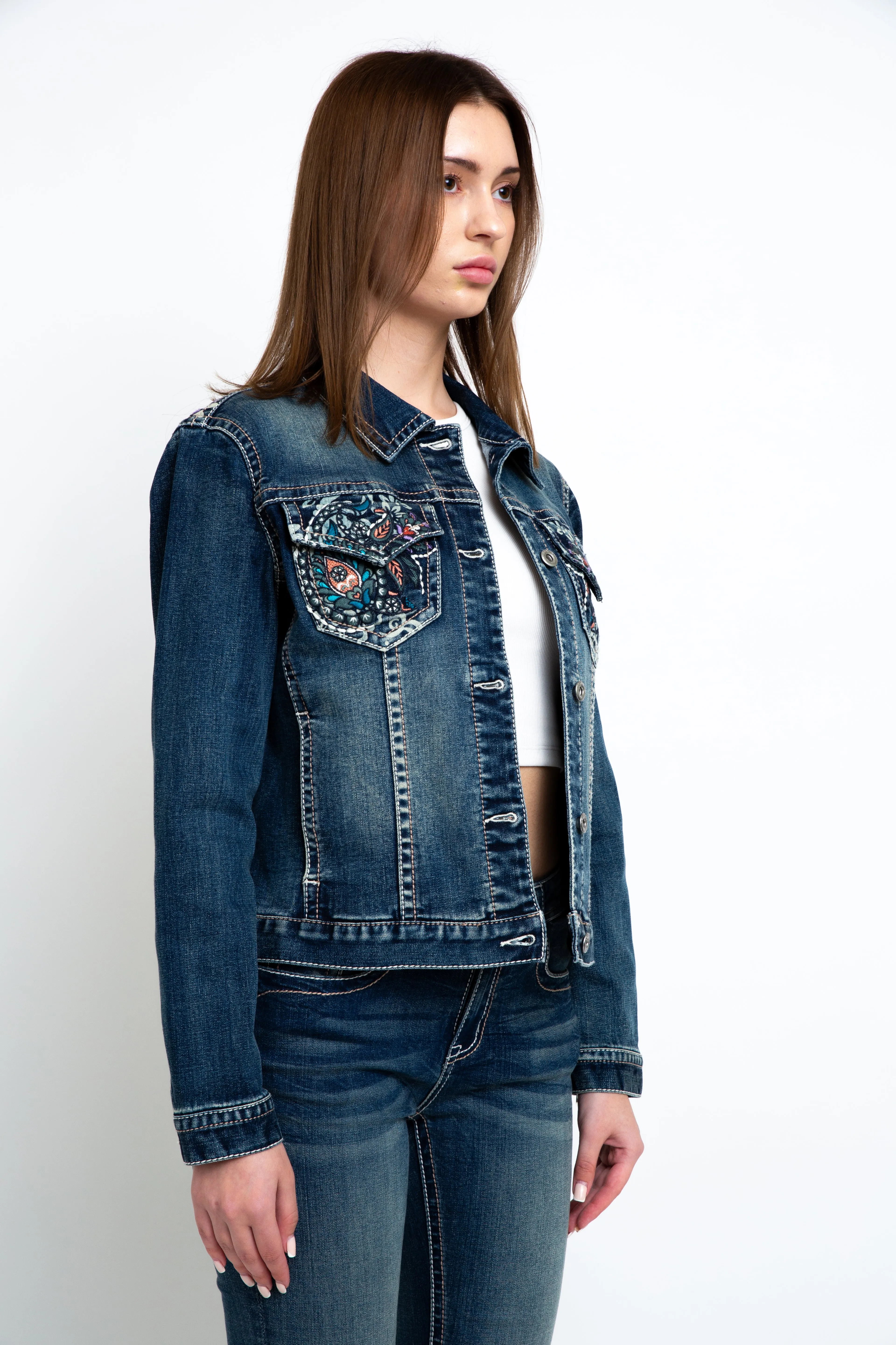 Floral Embroidered Hem Details Denim Jacket