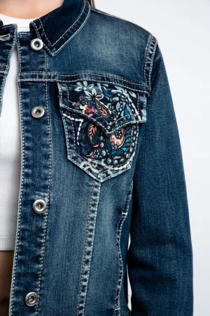 Floral Embroidered Hem Details Denim Jacket