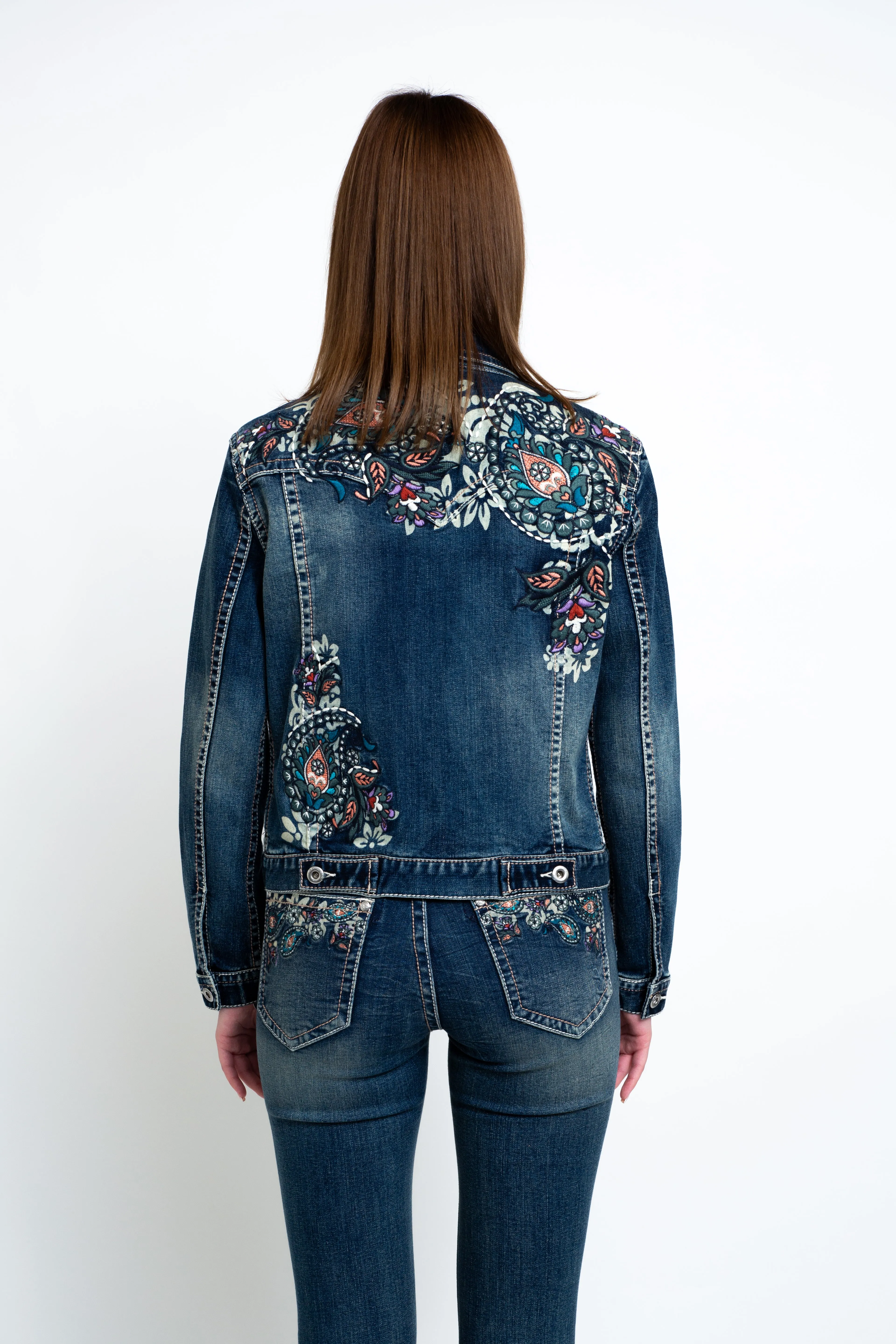Floral Embroidered Hem Details Denim Jacket