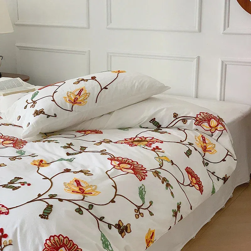 Flytonn-100% Cotton Bohemia Style Flowers Embroidery Queen King Size 4pcs Bedding Set Vintage Rural Duvet Cover Set Bed Sheet Pillowcase