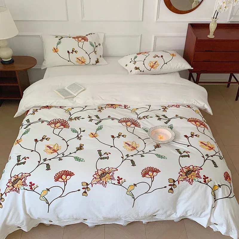 Flytonn-100% Cotton Bohemia Style Flowers Embroidery Queen King Size 4pcs Bedding Set Vintage Rural Duvet Cover Set Bed Sheet Pillowcase