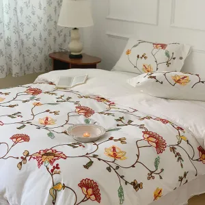 Flytonn-100% Cotton Bohemia Style Flowers Embroidery Queen King Size 4pcs Bedding Set Vintage Rural Duvet Cover Set Bed Sheet Pillowcase