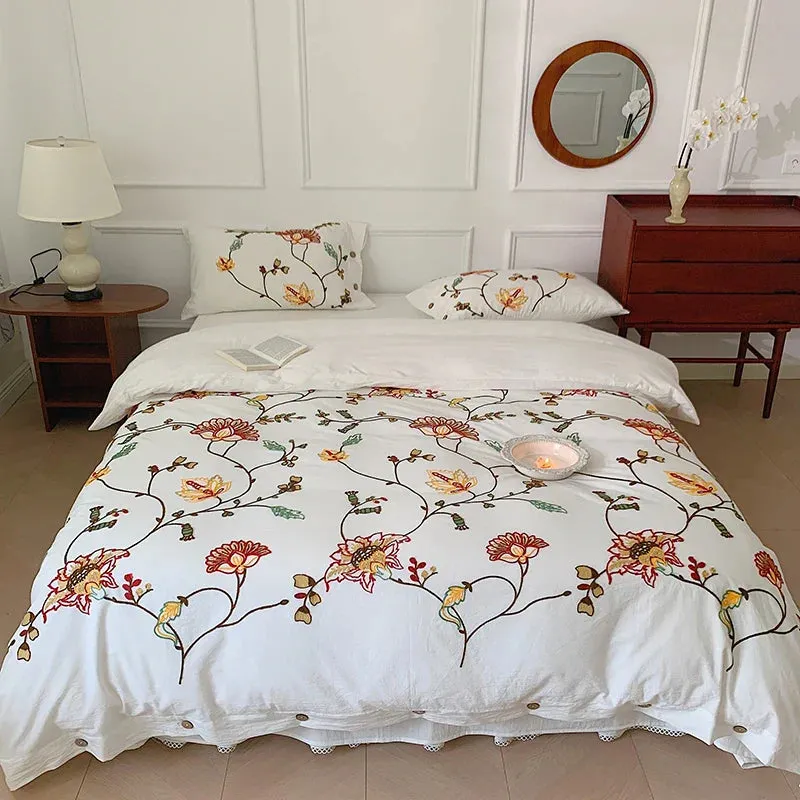 Flytonn-100% Cotton Bohemia Style Flowers Embroidery Queen King Size 4pcs Bedding Set Vintage Rural Duvet Cover Set Bed Sheet Pillowcase