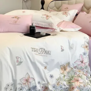 Flytonn-100% Egyptian Cotton Bedding Set with Flowers Embroidery, Duvet Cover, Bed Sheet, Fitted Sheet, Pillowcases, White, Pink
