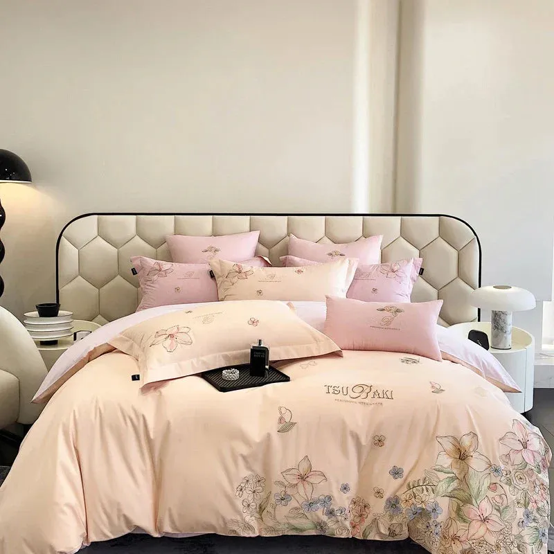 Flytonn-100% Egyptian Cotton Bedding Set with Flowers Embroidery, Duvet Cover, Bed Sheet, Fitted Sheet, Pillowcases, White, Pink
