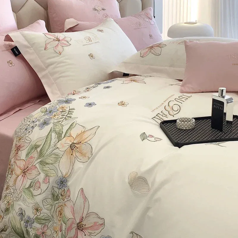 Flytonn-100% Egyptian Cotton Bedding Set with Flowers Embroidery, Duvet Cover, Bed Sheet, Fitted Sheet, Pillowcases, White, Pink