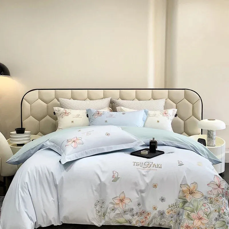 Flytonn-100% Egyptian Cotton Bedding Set with Flowers Embroidery, Duvet Cover, Bed Sheet, Fitted Sheet, Pillowcases, White, Pink