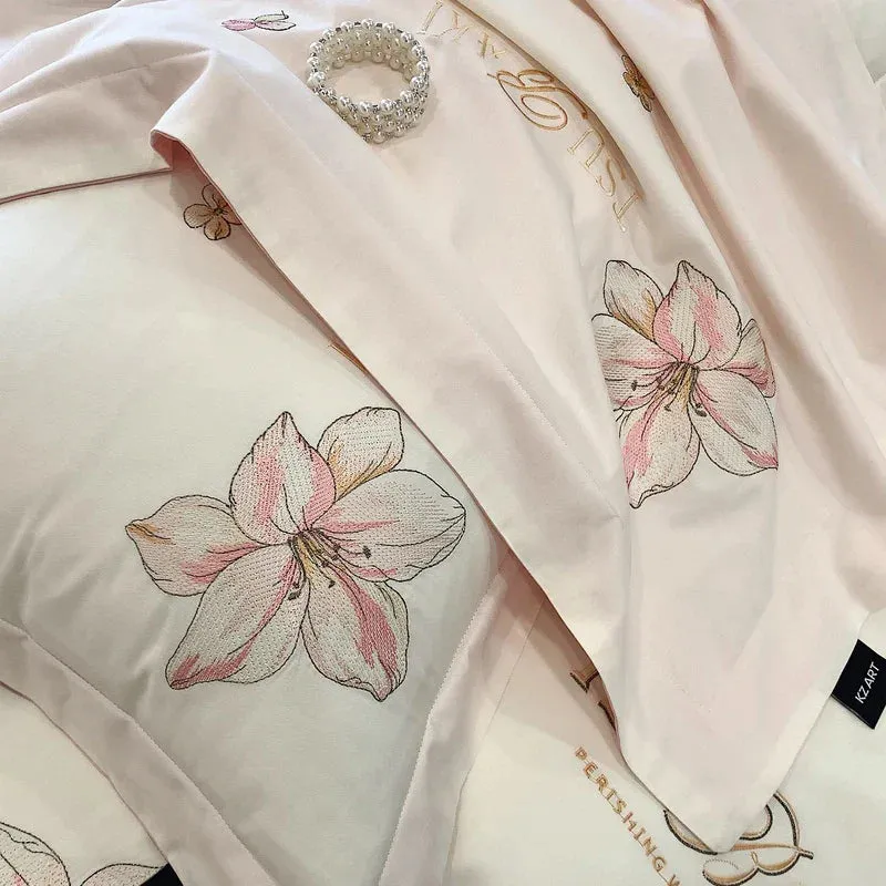 Flytonn-100% Egyptian Cotton Bedding Set with Flowers Embroidery, Duvet Cover, Bed Sheet, Fitted Sheet, Pillowcases, White, Pink