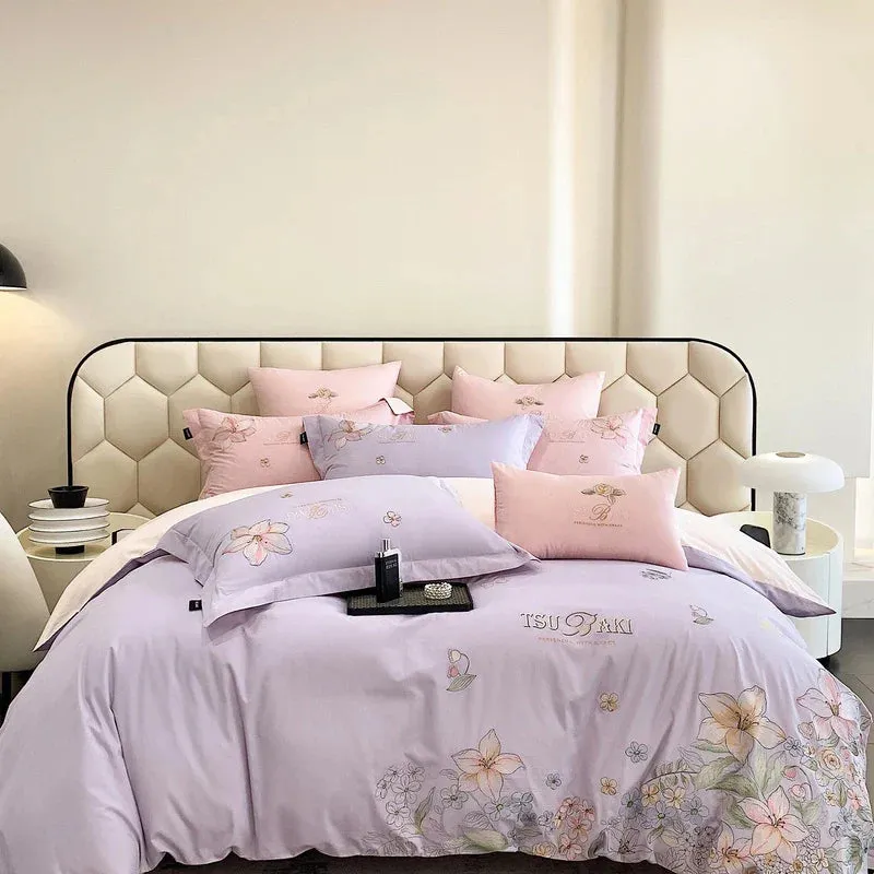 Flytonn-100% Egyptian Cotton Bedding Set with Flowers Embroidery, Duvet Cover, Bed Sheet, Fitted Sheet, Pillowcases, White, Pink