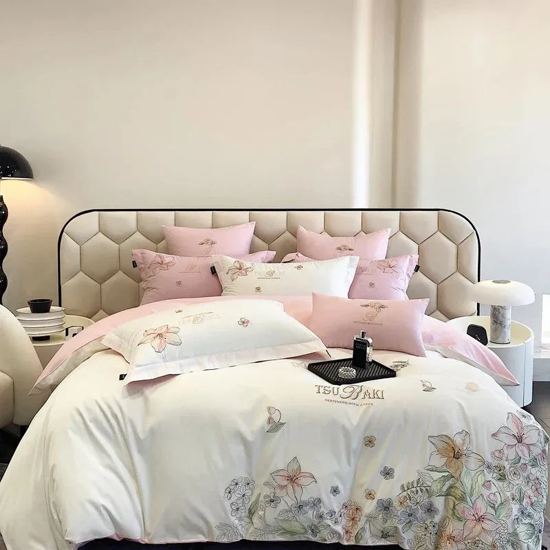 Flytonn-100% Egyptian Cotton Bedding Set with Flowers Embroidery, Duvet Cover, Bed Sheet, Fitted Sheet, Pillowcases, White, Pink