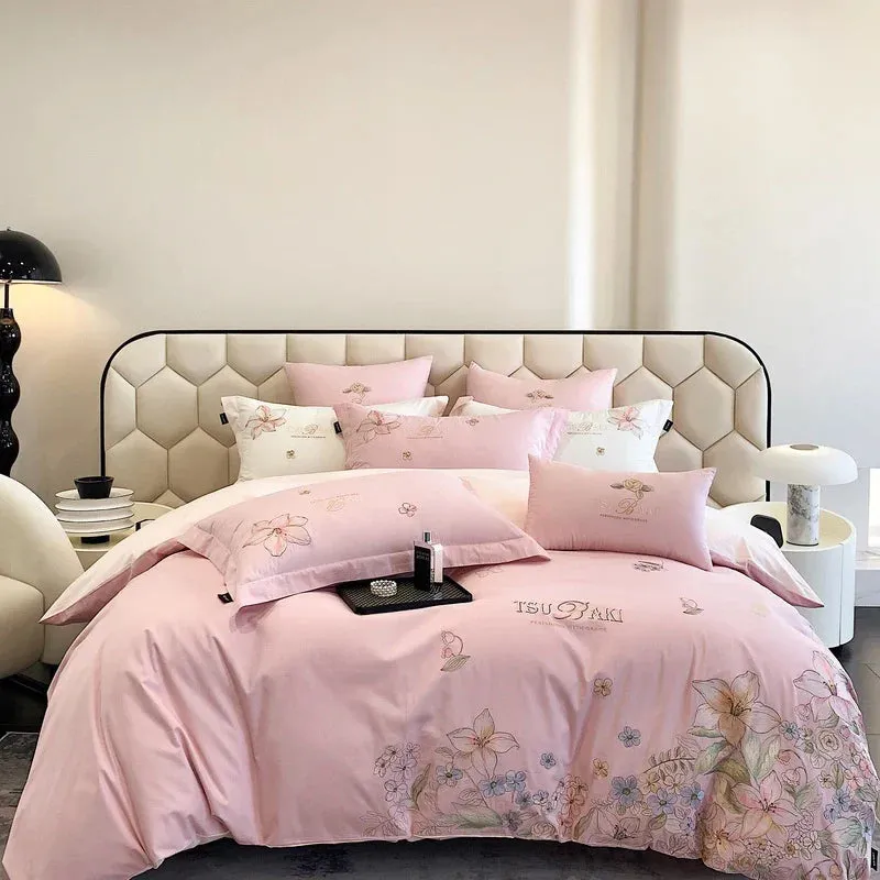 Flytonn-100% Egyptian Cotton Bedding Set with Flowers Embroidery, Duvet Cover, Bed Sheet, Fitted Sheet, Pillowcases, White, Pink