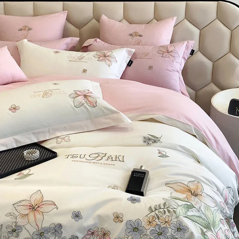 Flytonn-100% Egyptian Cotton Bedding Set with Flowers Embroidery, Duvet Cover, Bed Sheet, Fitted Sheet, Pillowcases, White, Pink