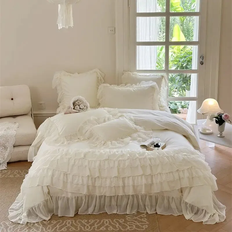 Flytonn-1000TC Egyptian Cotton Bedding Set, Brushed Duvet Cover, French Princess, Wedding Cake Lace, Ruffles, Bed Sheet, Pillowcases