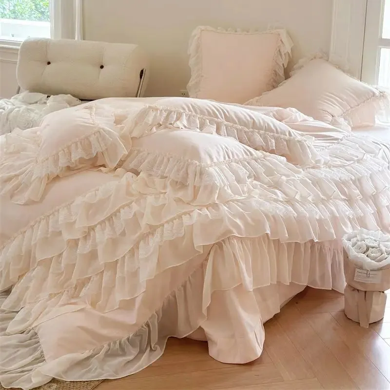 Flytonn-1000TC Egyptian Cotton Bedding Set, Brushed Duvet Cover, French Princess, Wedding Cake Lace, Ruffles, Bed Sheet, Pillowcases