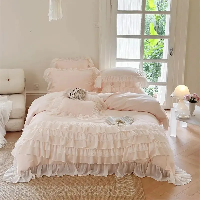 Flytonn-1000TC Egyptian Cotton Bedding Set, Brushed Duvet Cover, French Princess, Wedding Cake Lace, Ruffles, Bed Sheet, Pillowcases