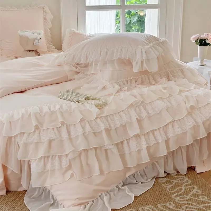 Flytonn-1000TC Egyptian Cotton Bedding Set, Brushed Duvet Cover, French Princess, Wedding Cake Lace, Ruffles, Bed Sheet, Pillowcases