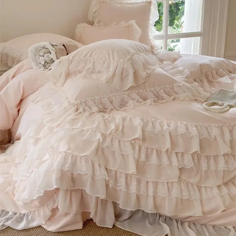 Flytonn-1000TC Egyptian Cotton Bedding Set, Brushed Duvet Cover, French Princess, Wedding Cake Lace, Ruffles, Bed Sheet, Pillowcases