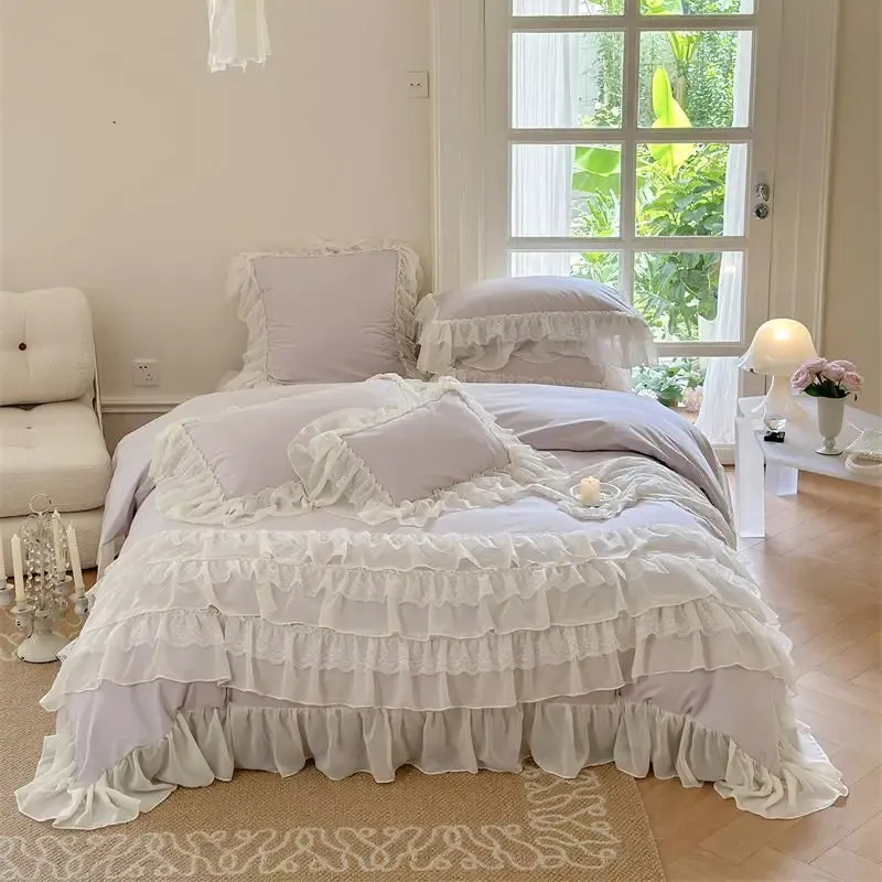 Flytonn-1000TC Egyptian Cotton Bedding Set, Brushed Duvet Cover, French Princess, Wedding Cake Lace, Ruffles, Bed Sheet, Pillowcases